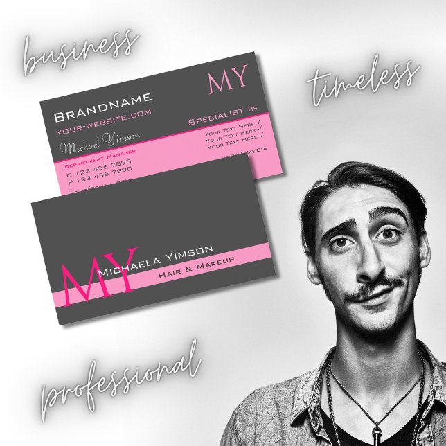 Carte De Visite Rose clair gris foncé avec initiales Professionnel (Créateur téléchargé)