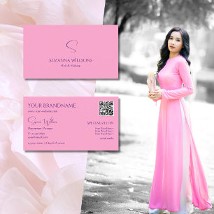 Carte De Visite Rose clair moderne avec monogramme et code QR