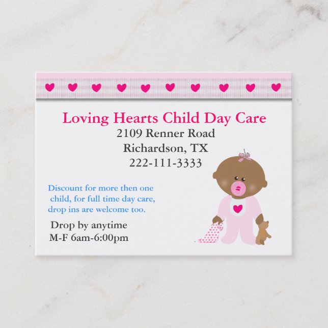 Carte de visite rose de Childcare de coeurs (Devant)