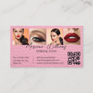 Carte De Visite Rose Élégant Code QR 4 Photo Artiste Maquilleuse e