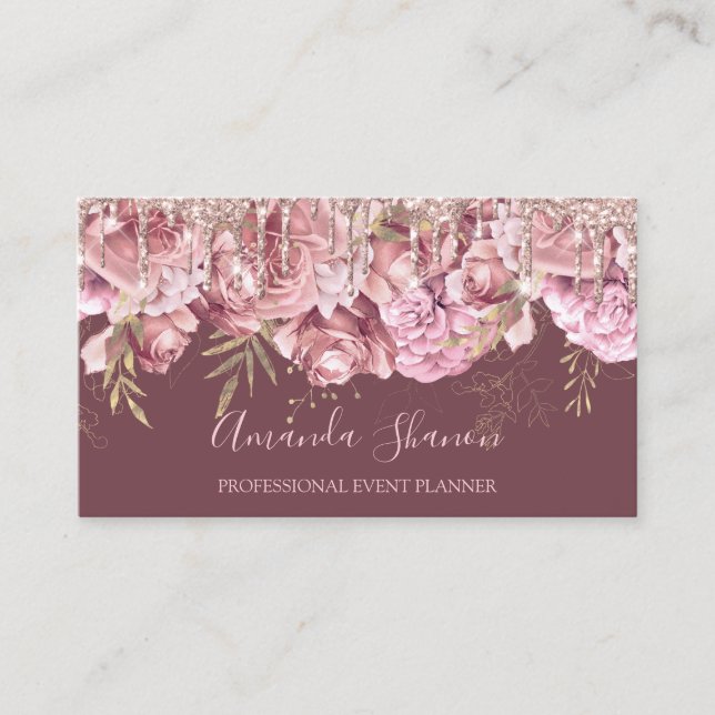 Carte De Visite Rose Elegant Flowers Logo Planificateur d'événemen (Devant)