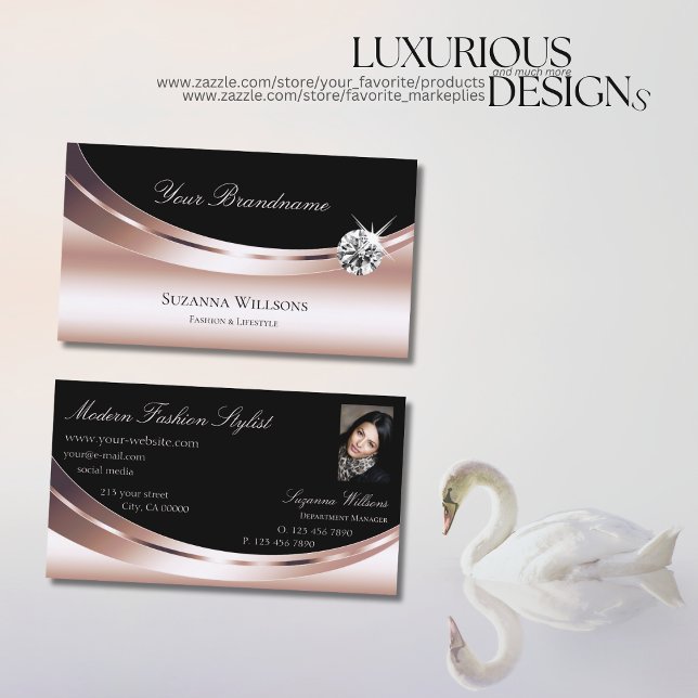 Carte De Visite Rose élégant Gold Black avec Photo Sparkle Diamond (Créateur téléchargé)