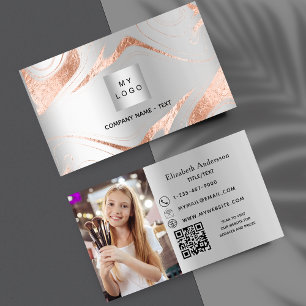 Carte De Visite Rose en argent en marbre d'or photo code QR logo