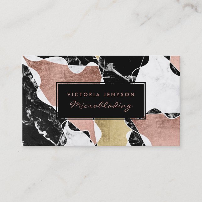 Carte De Visite Rose en marbre blanc noir bloc d'or Microblading (Devant)