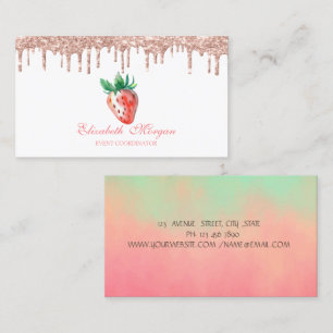 Carte de visite rose en or pailletée fraise
