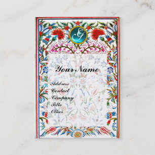 Carte De Visite ROSE FLEURS ORIENTALES DAMASK MONOGRAM Blue Pearl