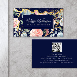 Carte De Visite Rose Floral Agate Gold Parties scintillant QR Code