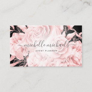Carte De Visite Rose Floral Gold Noir Script moderne