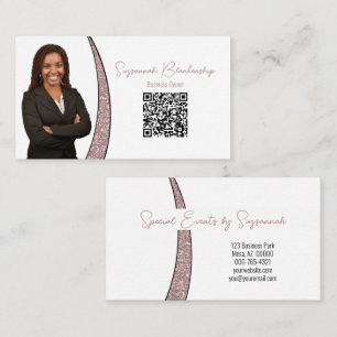 Carte De Visite Rose Gold Argent Faux Paillettes Photo QR Chic