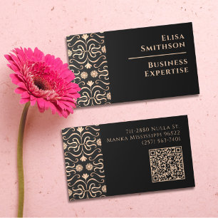 Carte De Visite Rose Gold & Black Floral Folk Art Élégant Feminine