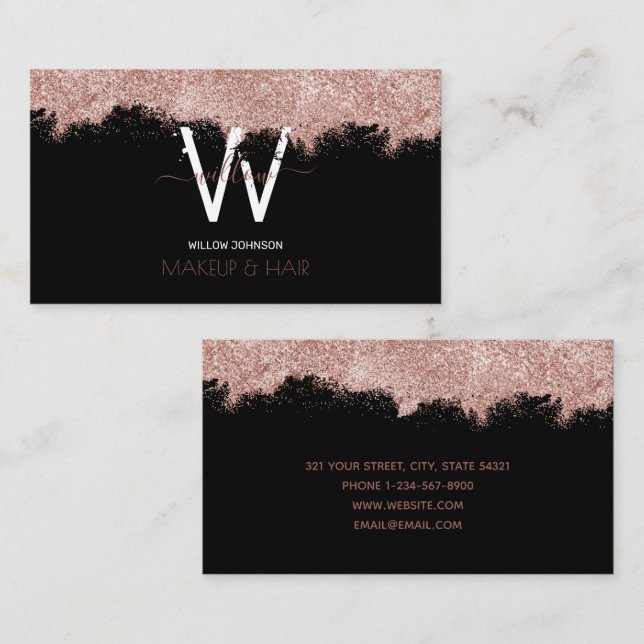 Carte De Visite Rose Gold Black Parties scintillant maquillage Art (Devant / Derrière)