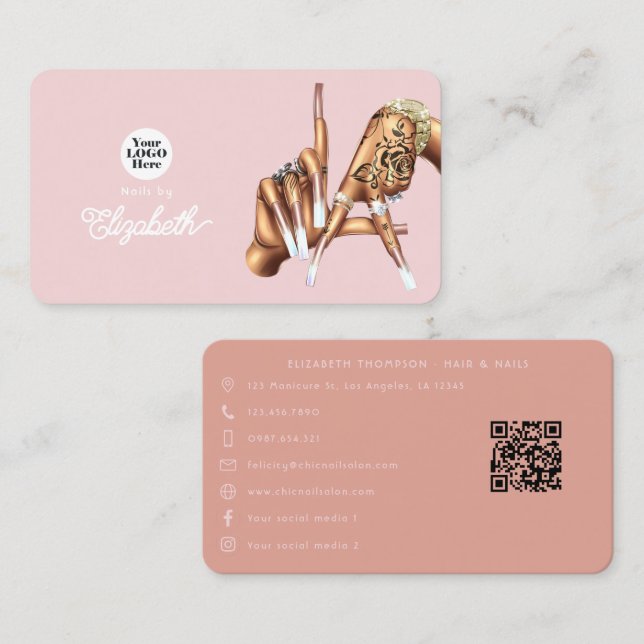 Carte De Visite Rose Gold Blush Pink LA Sign Nail Salon (Devant / Derrière)