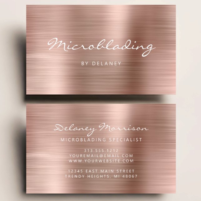 Carte De Visite Rose Gold Brushed Metal Script Microblading (Créateur téléchargé)
