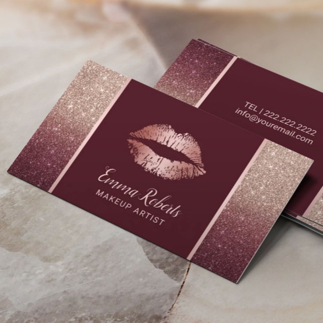 Carte De Visite Rose Gold Burgundy Ombre Chic Lips maquillage Arti (Créateur téléchargé)