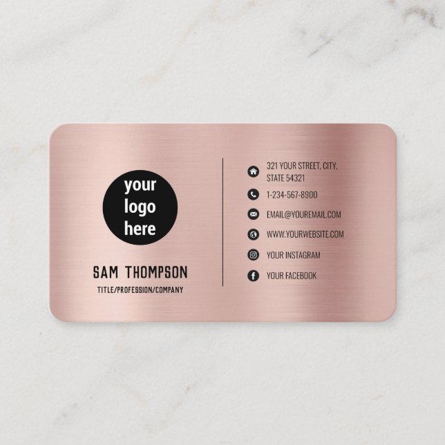 Carte De Visite Rose Gold Business Logo Professionnel Médias socia (Devant)