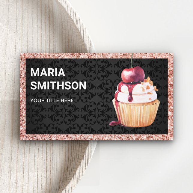Carte De Visite Rose Gold Cerry Cupcake Pâtisserie Chef boulangeri (Créateur téléchargé)