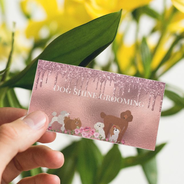 Carte De Visite Rose Gold Chien Grooming Parties scintillant pour  (Créateur téléchargé)