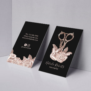 Carte De Visite Rose Gold Ciseau & Fleurs Hair Styliste Salon