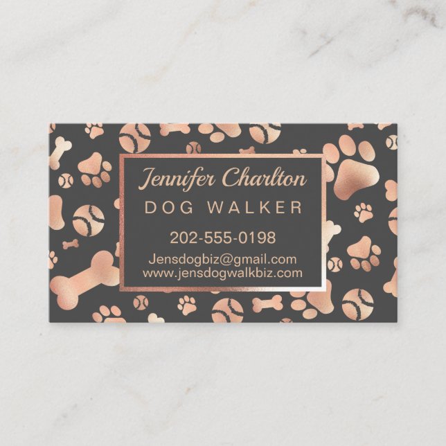 Carte De Visite Rose Gold Dog Walker Pet Sitter Empreinte de patte (Devant)
