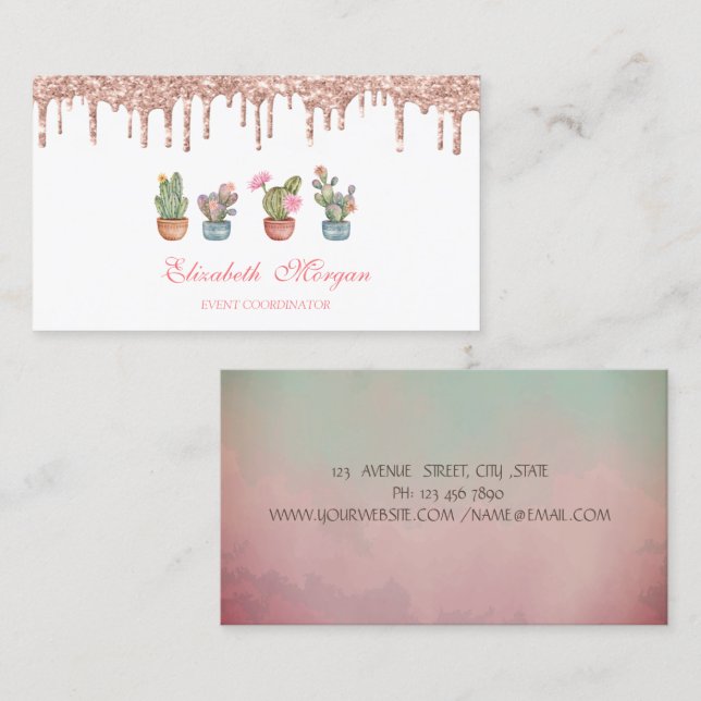 Carte De Visite Rose Gold Drives Aquarelle Cactus (Devant / Derrière)