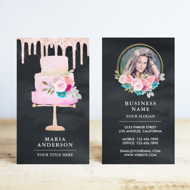Carte De Visite Rose Gold Drives Floral Cake Pâtisserie Chef boula (Créateur téléchargé)