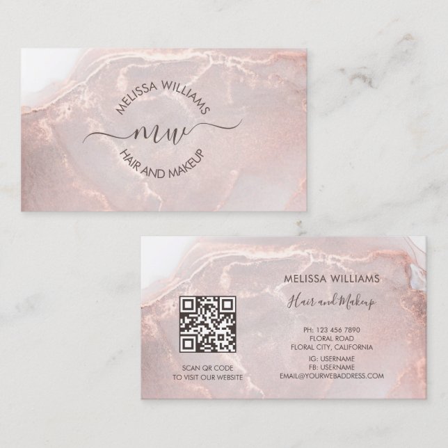 Carte De Visite Rose Gold  Encre Marbre | Code QR (Devant / Derrière)