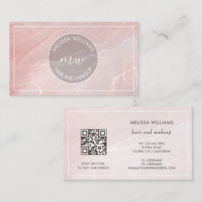 Carte De Visite Rose Gold  Encre Marbre | Code QR (Devant / Derrière)