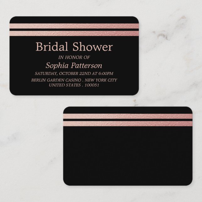 Carte De Visite Rose Gold Foil Stripes Fête des mariées Billet Inv (Devant / Derrière)