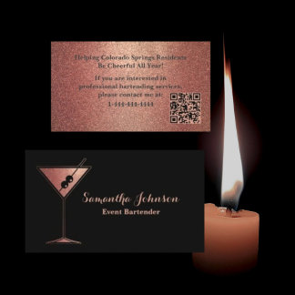 Carte De Visite Rose Gold Glitter Event Bartender QR Code