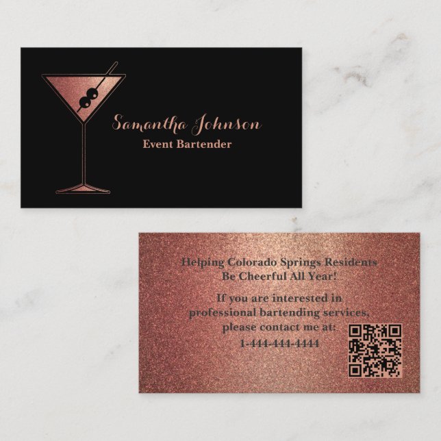 Carte De Visite Rose Gold Glitter Event Bartender QR Code (Devant / Derrière)