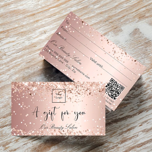 Carte De Visite Rose gold glitter logo qr code gift certificate (Créateur téléchargé)