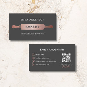 Carte De Visite Rose Gold Gris Rolling Pin Boulangerie QR Code