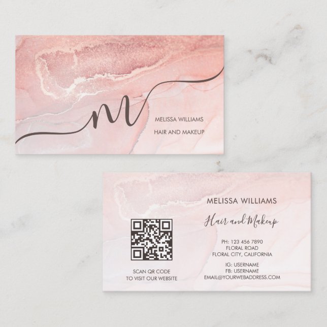 Carte De Visite Rose Gold  Ink Marble | QR Code (Devant / Derrière)