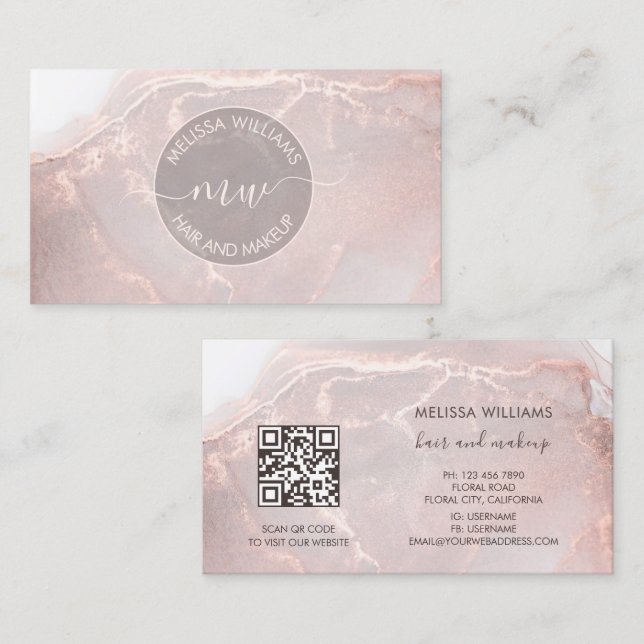 Carte De Visite Rose Gold  Ink Marble | QR Code (Devant / Derrière)