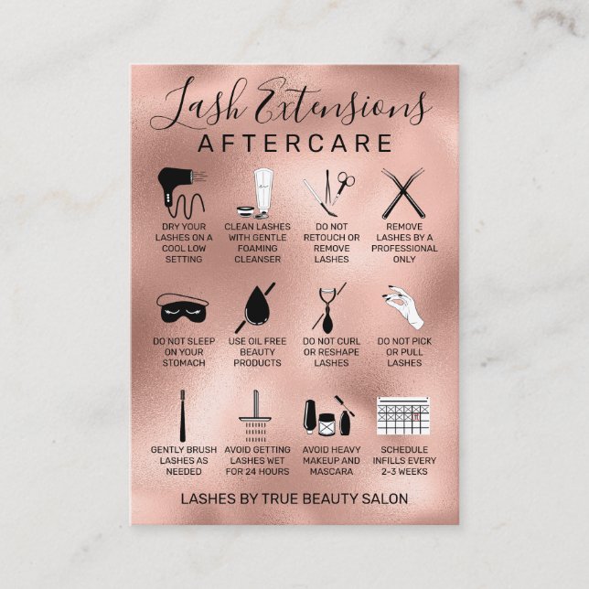 Carte De Visite Rose Gold Lash Extensions métalliques Aftercare Ic (Devant)