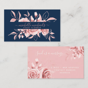 Carte De Visite Rose Gold Navy Floral Watercolor Planificateur d'