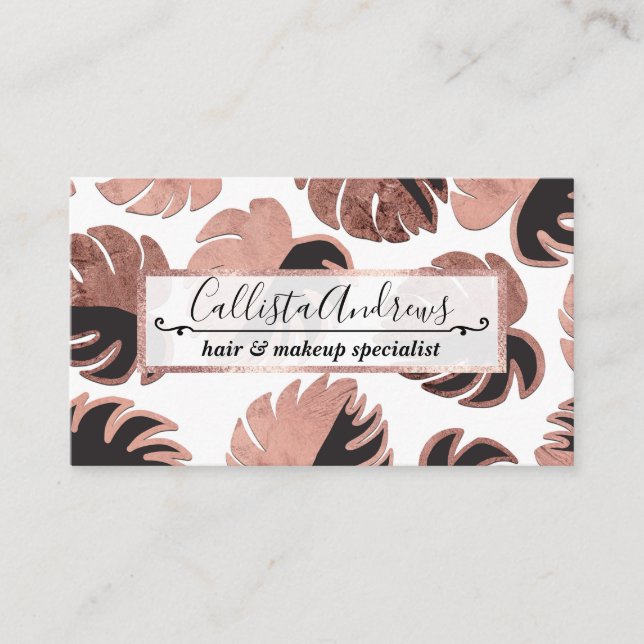 Carte De Visite Rose Gold Noir moderne Fromage suisse Monstera (Devant)