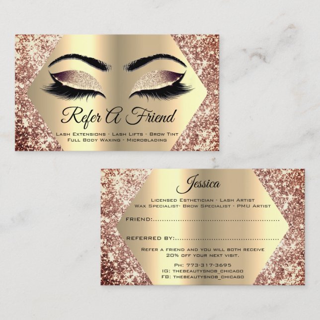 Carte De Visite Rose Gold Parties scintillant maquillage Artiste L (Devant / Derrière)
