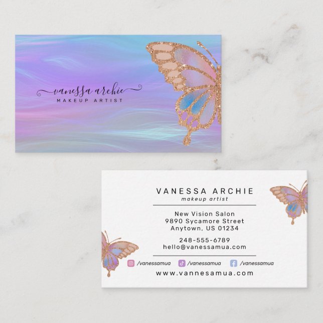 Carte De Visite Rose Gold Parties scintillant Rainbow Butterfly Ir (Devant / Derrière)