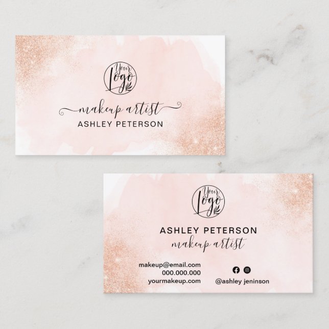 Carte De Visite Rose Gold parties scintillant rose brosse logo maq (Devant / Derrière)