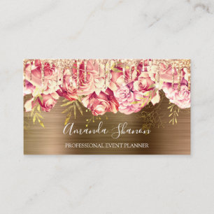 Carte De Visite Rose Gold Rose Fleurs Brown Drip QR CODE Logo