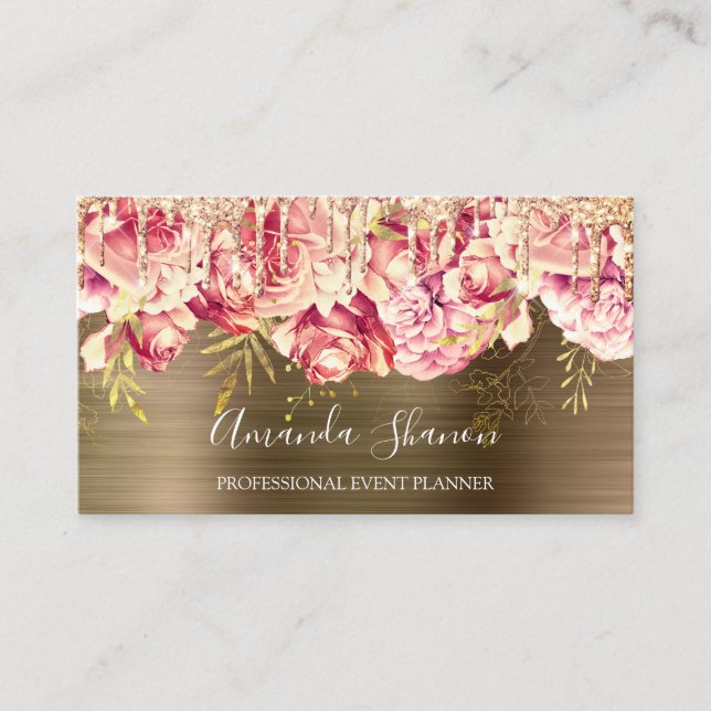 Carte De Visite Rose Gold Rose Fleurs Brown Drip QR CODE Logo (Devant)