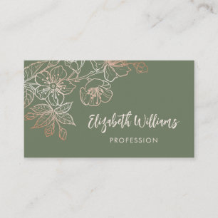 Carte De Visite Rose Gold Sage Vert Dessin au Trait Floral