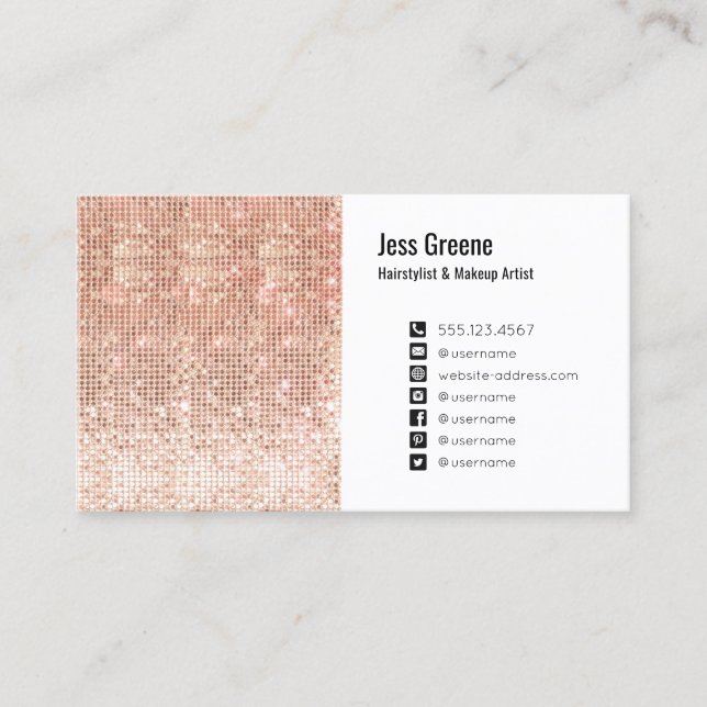 Carte De Visite Rose Gold Sequins Social Media Icon Beauty Salon (Devant)