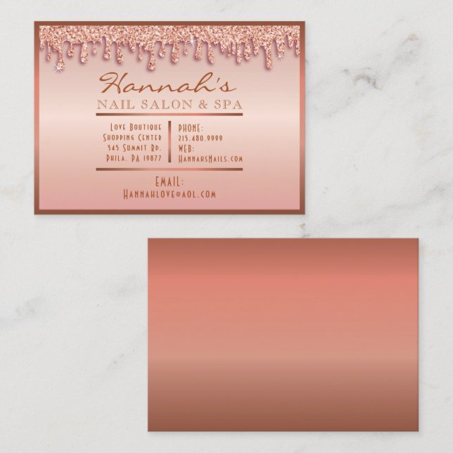 Carte De Visite Rose Gold Sparkle Nail Salon Spa Peach (Devant / Derrière)