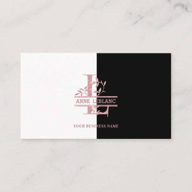 Carte De Visite Rose Gold Split Personnalisé Monogramme Lettre L M (Devant)