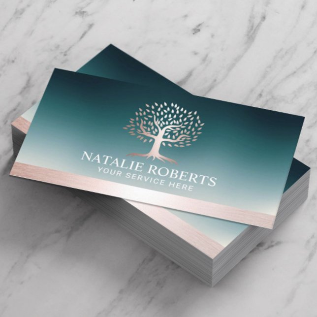 Carte De Visite Rose Gold Tree Logo Turquoise Wellness Salon Spa (Créateur téléchargé)