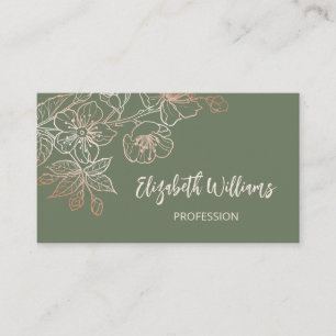 Carte De Visite Rose Gold Vert Sauge Dessin au Trait Floral 