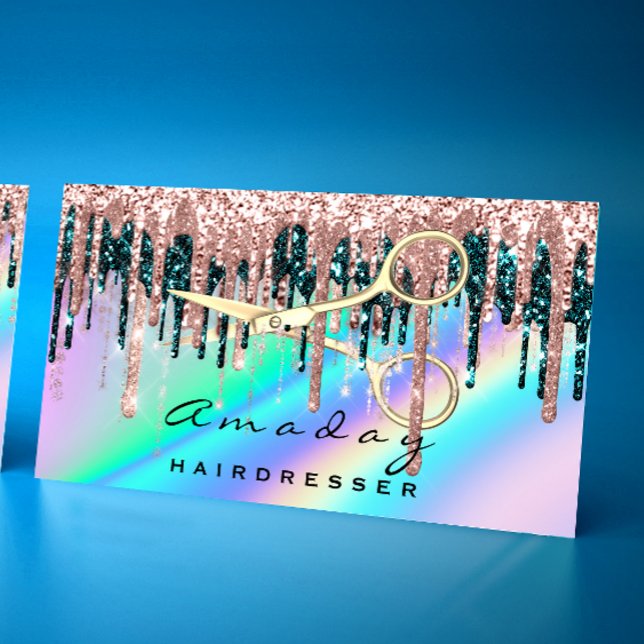 Carte De Visite Rose Holographe professionnel pour ciseaux coiffeu (Professional Hairdresser Scissors Rose Holograph Business Card)