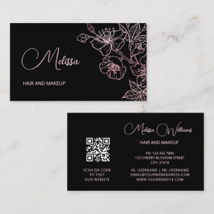 Carte De Visite Rose métallisé noir floral   Code QR 